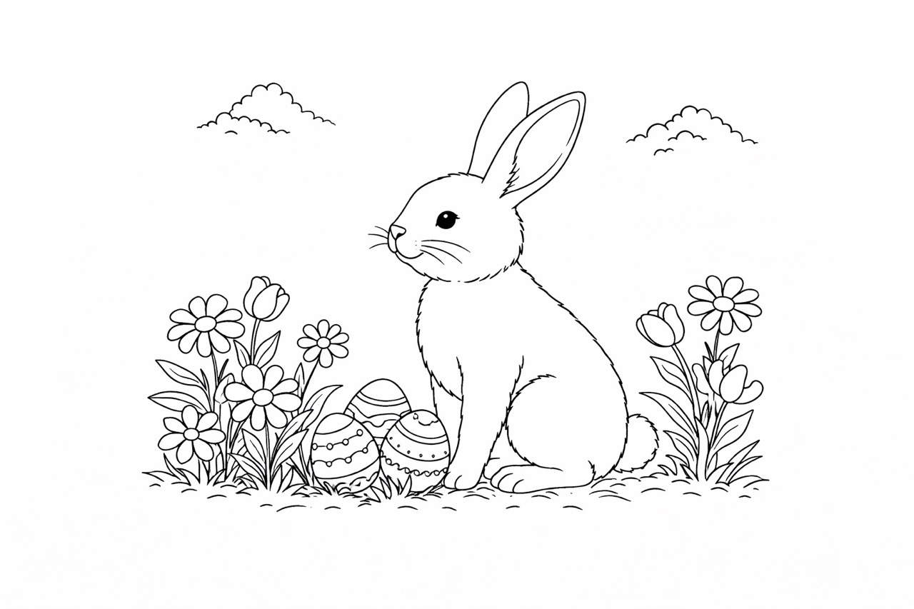 Frühlingsszene mit Hase und Blumen Ausmalbild