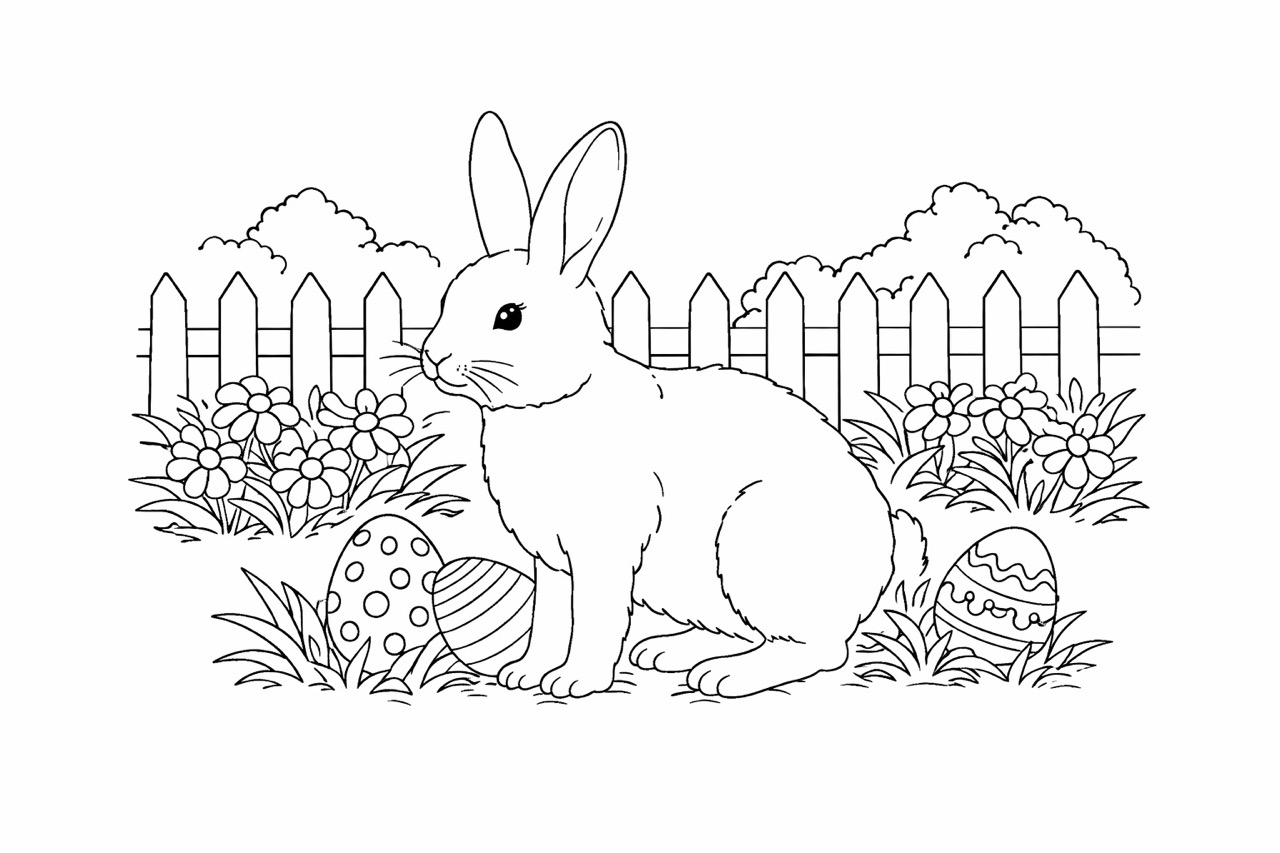 Osterhase im Garten Ausmalbild